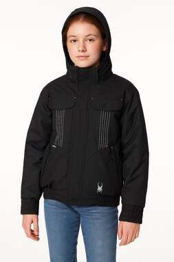 2010s Spyder Black with silver Kids Ski Jacket removable hood Size 14